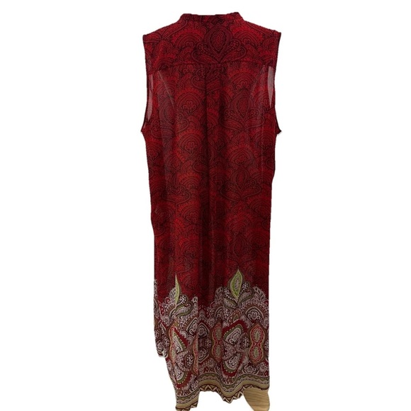 Roamans Red Floral Cover Up Plus Size 3X Sleeveless Sheer  Button Up Side Slit - Picture 2 of 7